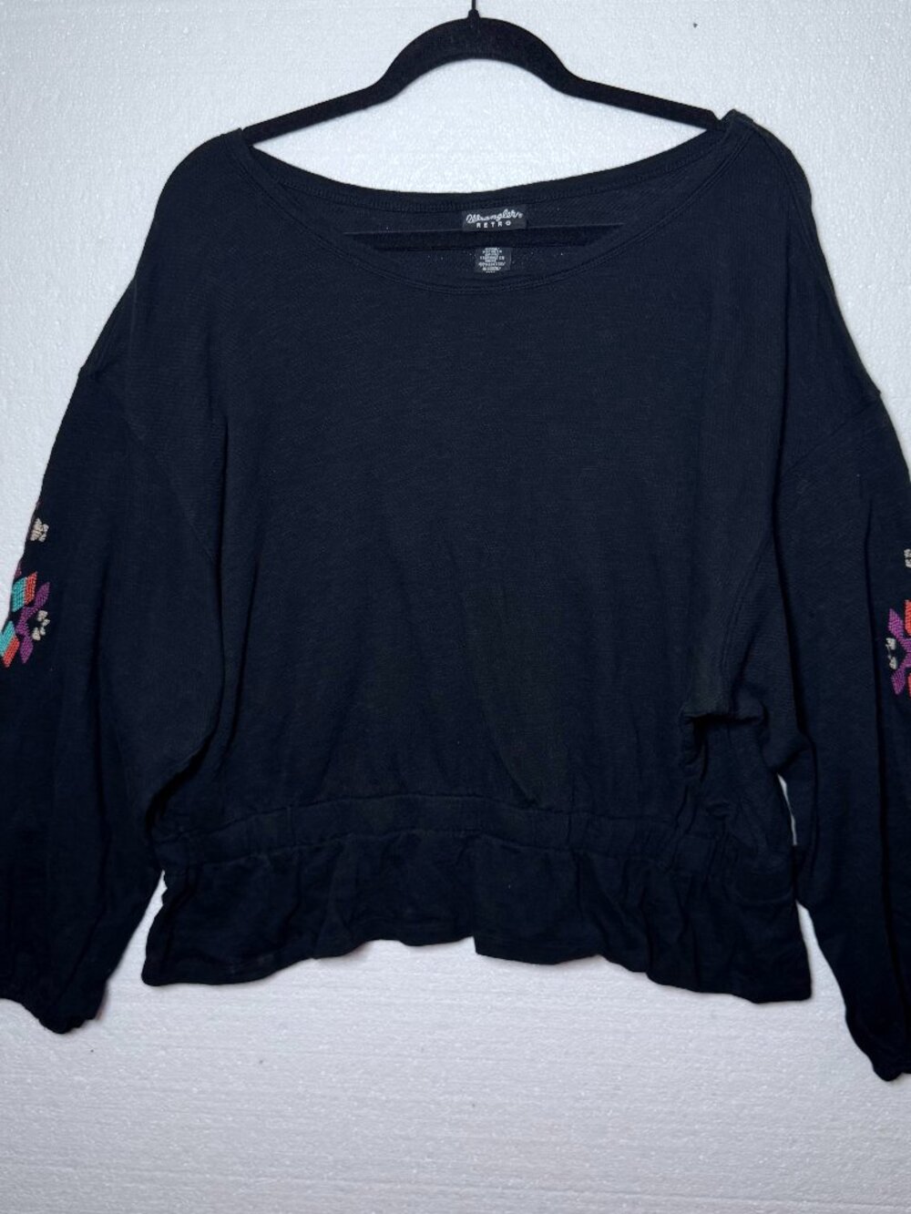 Wrangler Retro Womens Sz Medium Black Embroidered Boho Top Western Peplum Casual